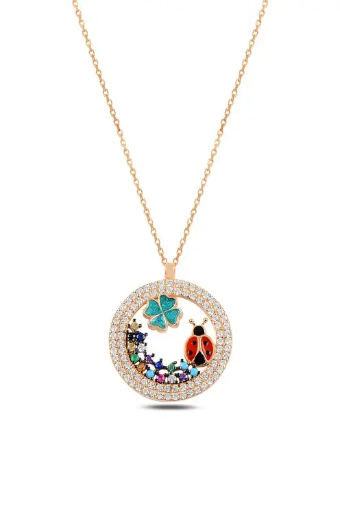 Women's Silver Charm Beetle & Bahar Flowers Necklace