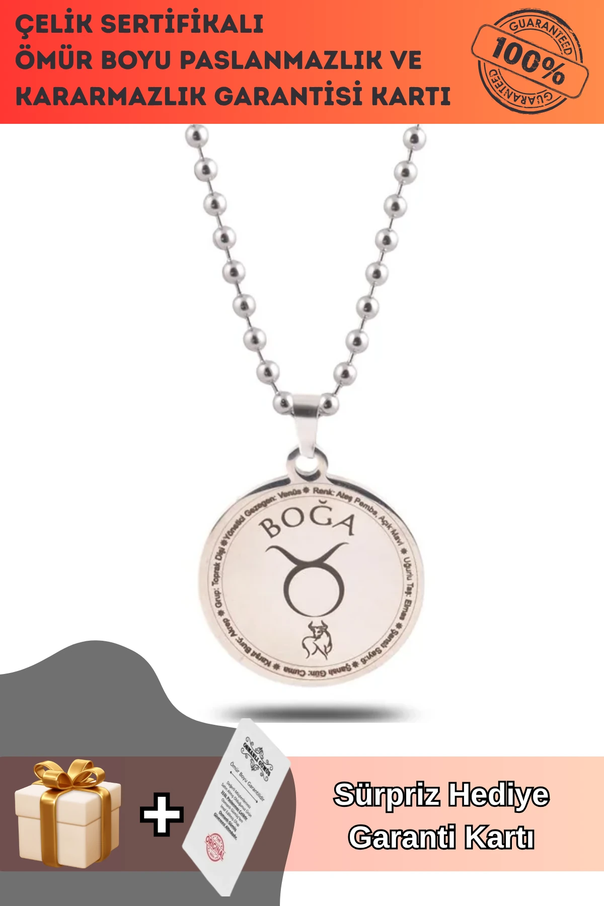 Boğa Burcu Kolye Kadın Erkek Çelik Kolye Top Zincir GKLBOGABURC-GMS