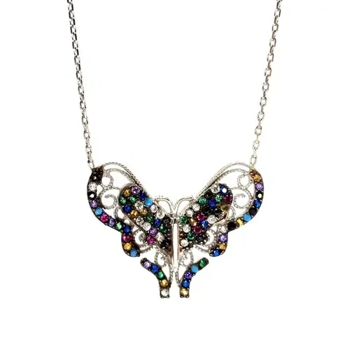 Colored Zircon Stone-set Butterfly Silver Women's Necklace