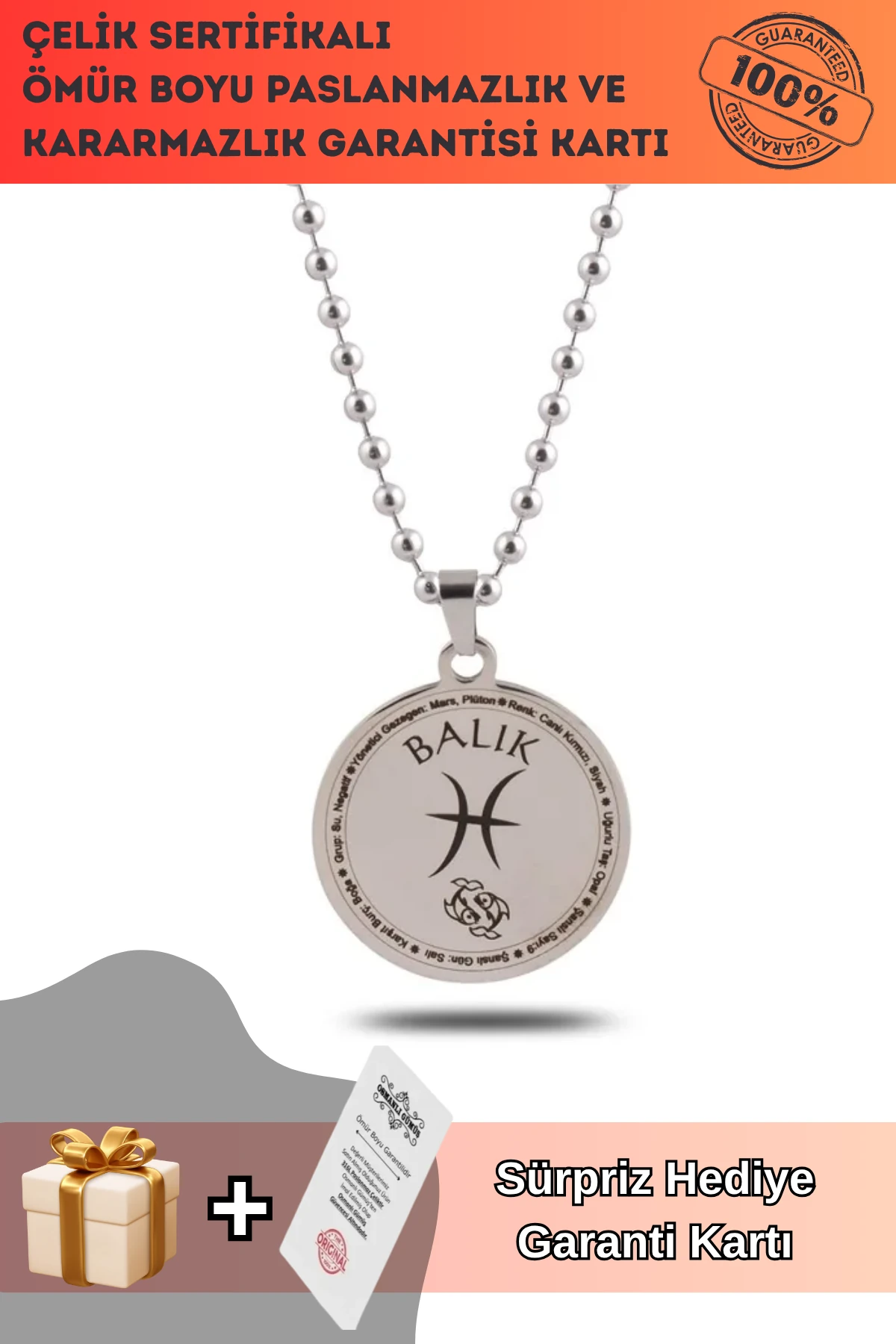 Balık Burcu Kolye Bayan Erkek Çelik Kolye Top Zincir CKLBURCKOLY-SYH