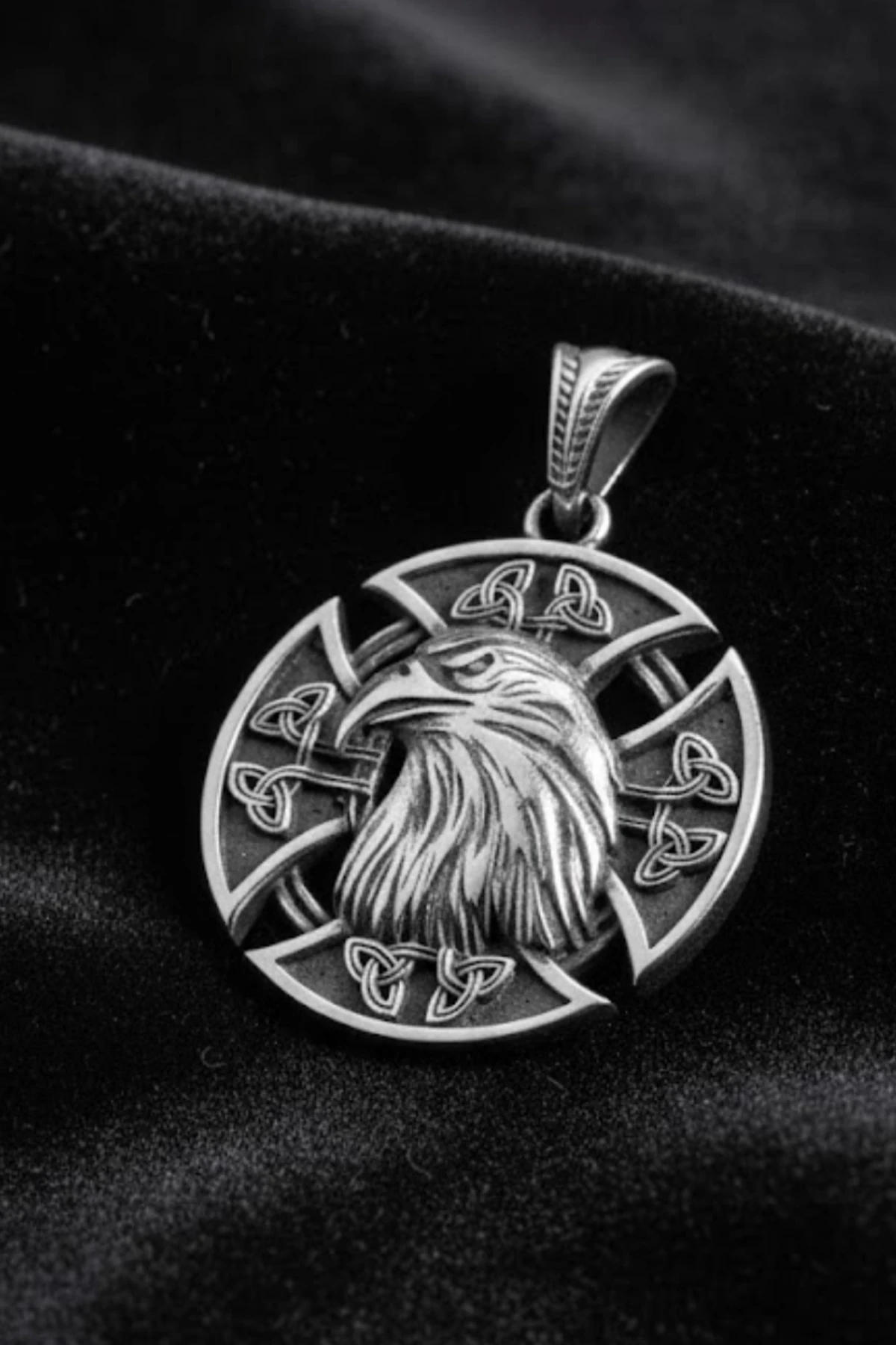 Erkek Gümüş Kolye - 925 Ayar Kabartmalı Kartal Kafası Motifli Tilki Kuyruğu Zincirli Erkek Kolye