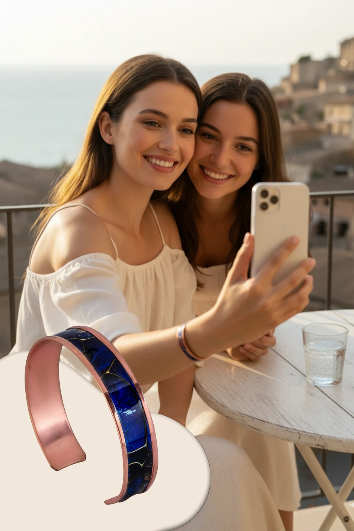 Kadın Bakır Bileklik Yüzük Set - Ocean Model Özel Baskı Metal Kutu Ve Kuvars Taşı