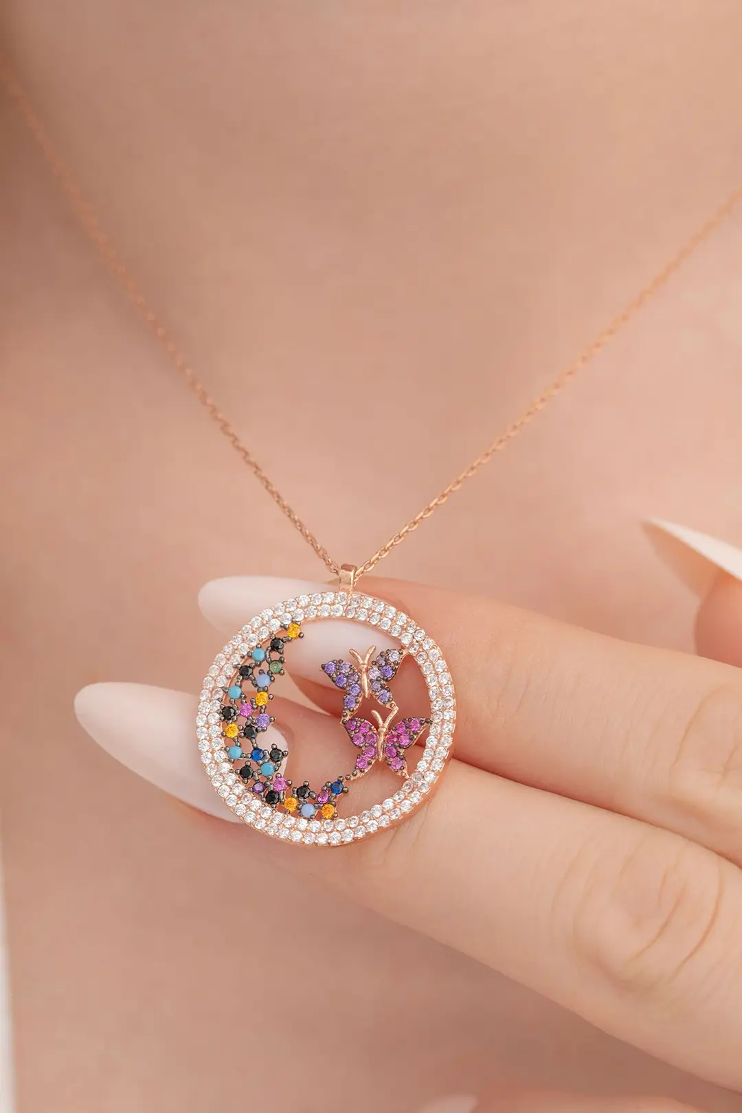 Butterfly & Bahar Flowers Women's Silver Necklace