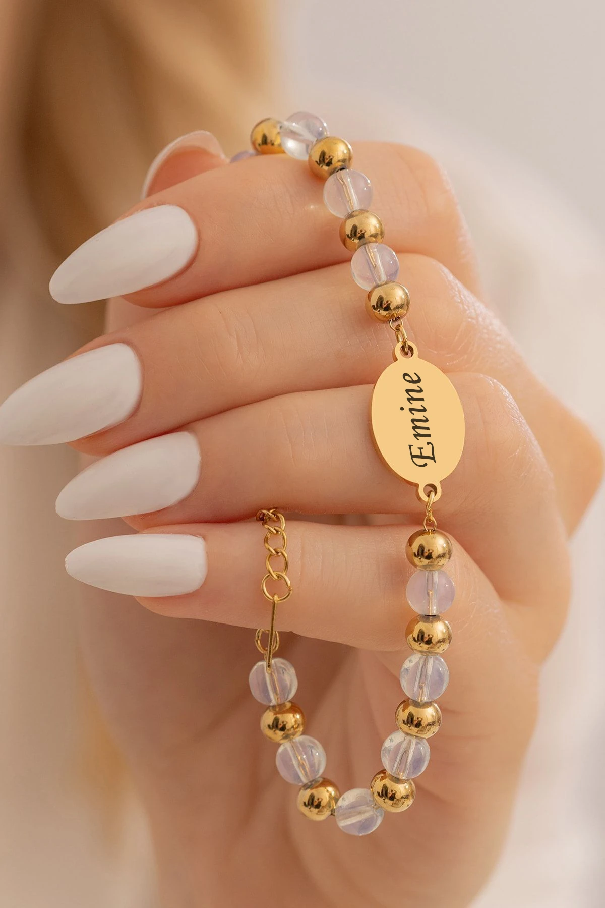 Kadın Çelik Bileklik - Kristal Kuvars Taşı Çelik Lak Kaplamalı İsim Veya Harf Yazılabilir Kadın Bileklik