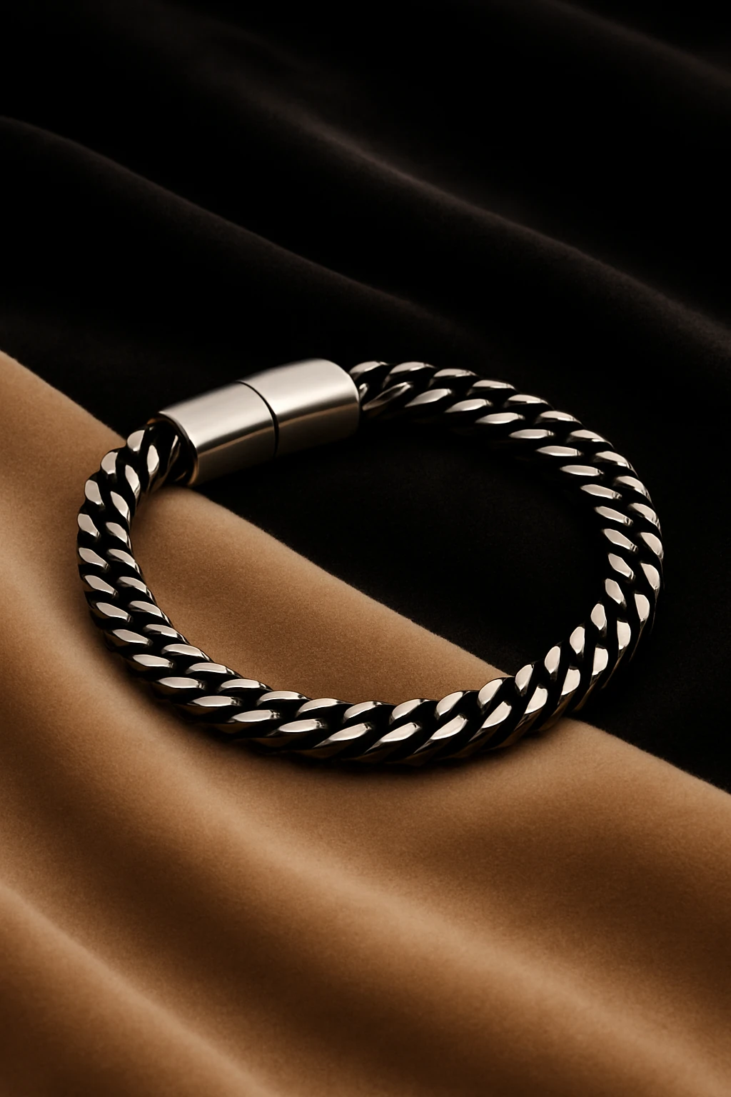 Erkek Çelik Bileklik - Yassı Gurmet Zincir Oksitli Model Siyah Renk Erkek Bileklik