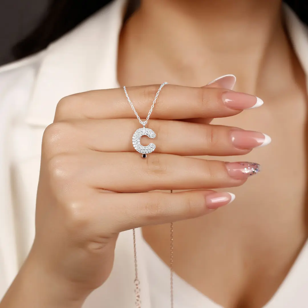 Women's Silver Necklace Ç Letter Zircon Stone-set Balon Letter Women's Necklace