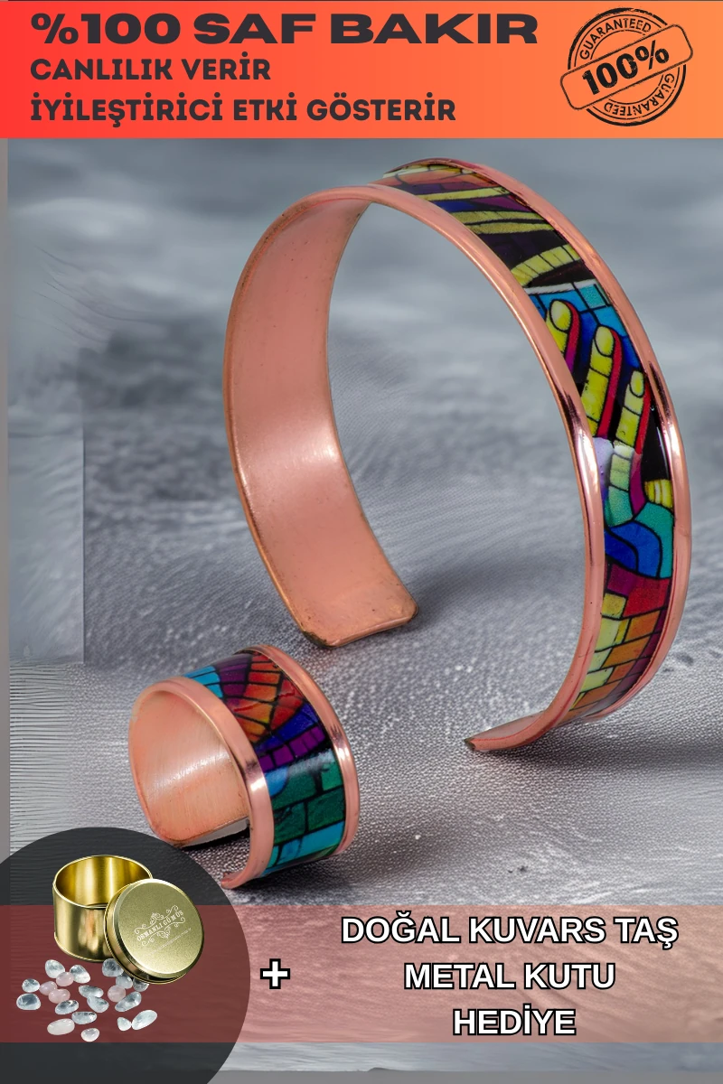 Kadın Bakır Bileklik Yüzük Set - Nadia Model Özel Baskı Metal Kutu Ve Kuvars Taşı