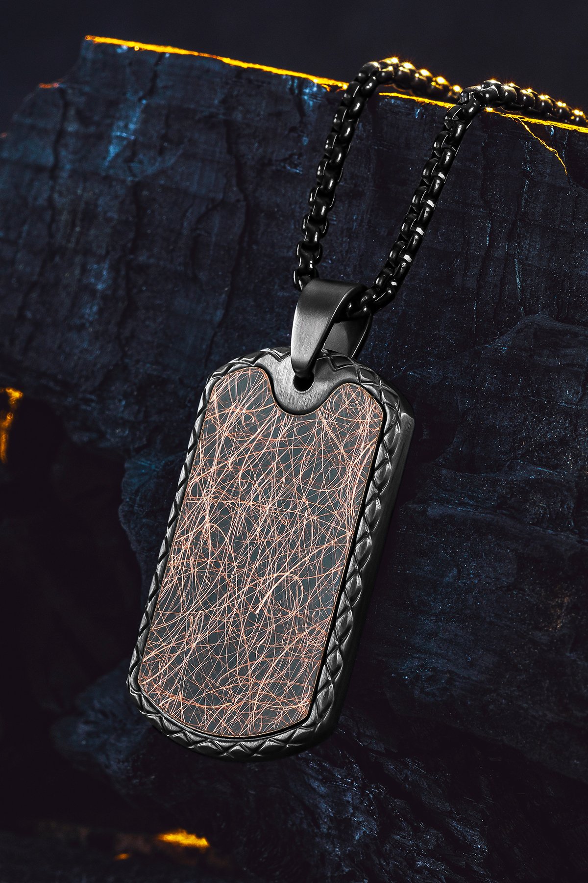 Steel Tag Siyah Polo Zincir Erkek Kolye - Asker Künyesi Desenli, Siyah Çizgili, Paslanmaz Çelik