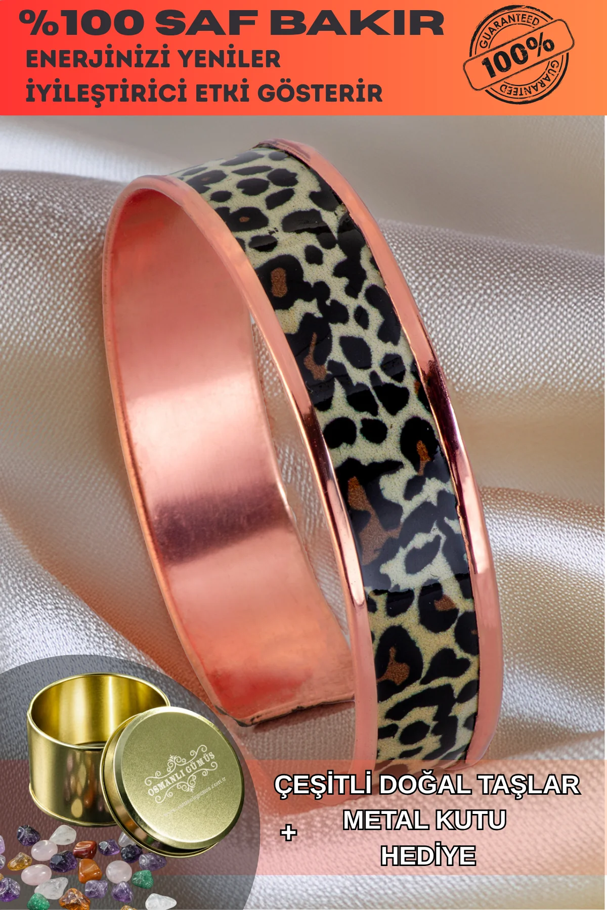 Kadın Bakır Bileklik - Leopar Model Özel Baskı Metal Kutu Ve Doğal Taşlar