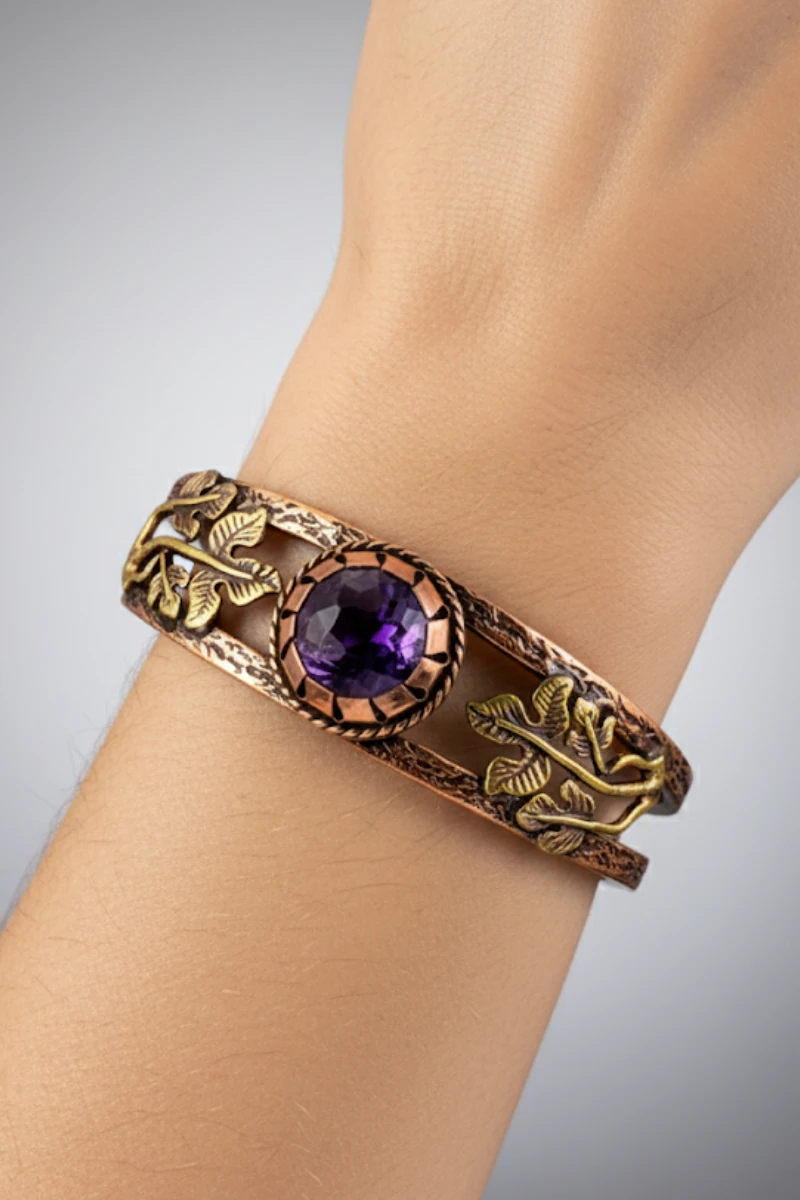 Mor Ametist Taşlı Antik Bakır Kadın Bileklik – Metal Kutu Ve Doğal Taşlar