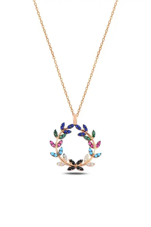 Women's Mix Stone-set Round Leaf Silver Necklace Gklyprkmdl4-ros