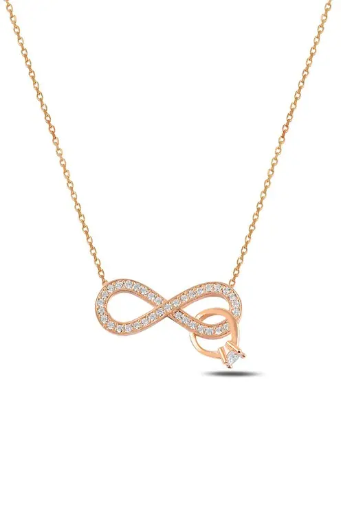 Women's Silver Necklace Rose Gold Plated Solitaire Ring Figured Infinity Necklace
