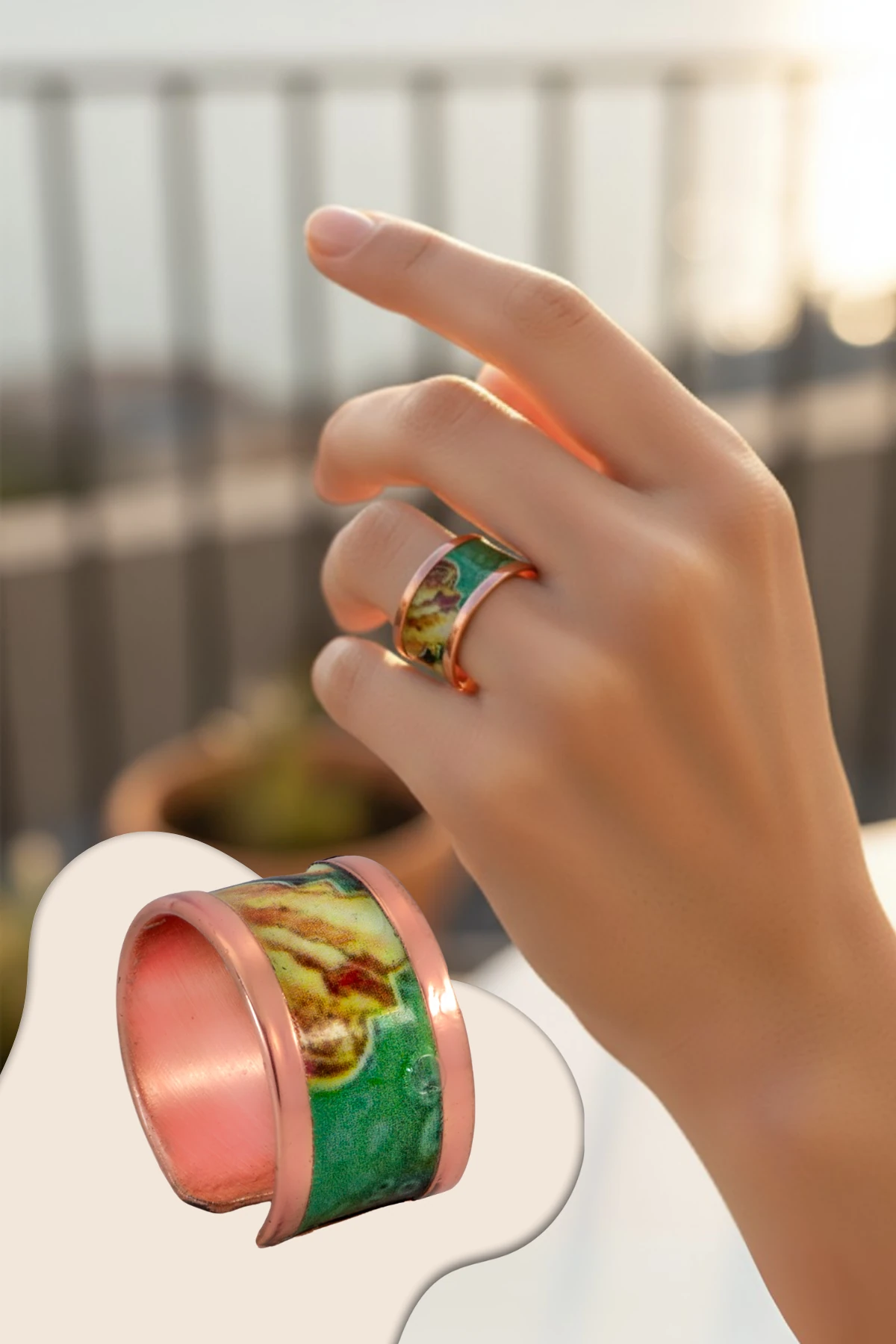 Kadın Bakır Bileklik Yüzük Set - Ester Model Özel Baskı Metal Kutu Ve Kuvars Taşı