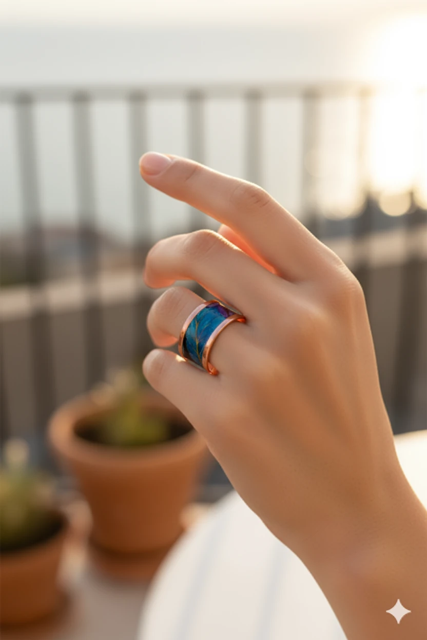 Kadın Bakır Bileklik Yüzük Set - Elisa Model Özel Baskı Metal Kutu Ve Kuvars Taşı