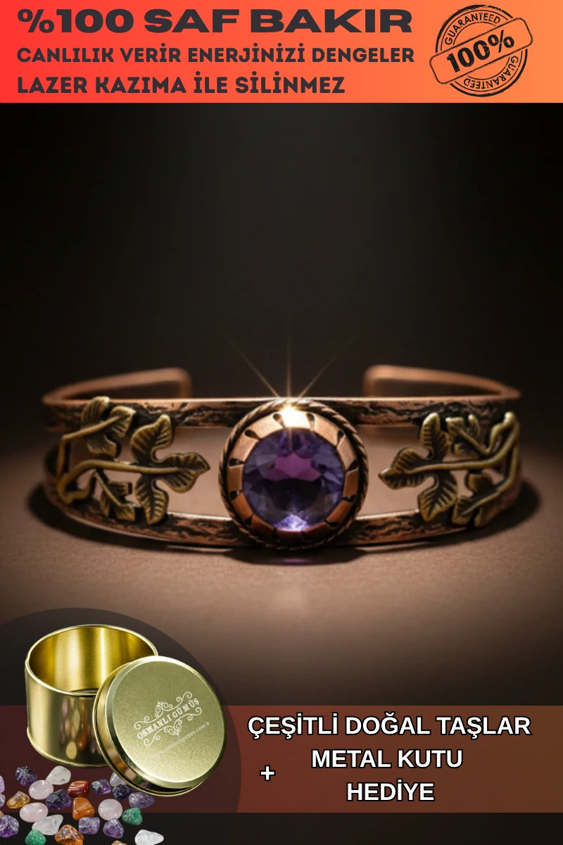 Mor Ametist Taşlı Antik Bakır Kadın Bileklik – Metal Kutu Ve Doğal Taşlar