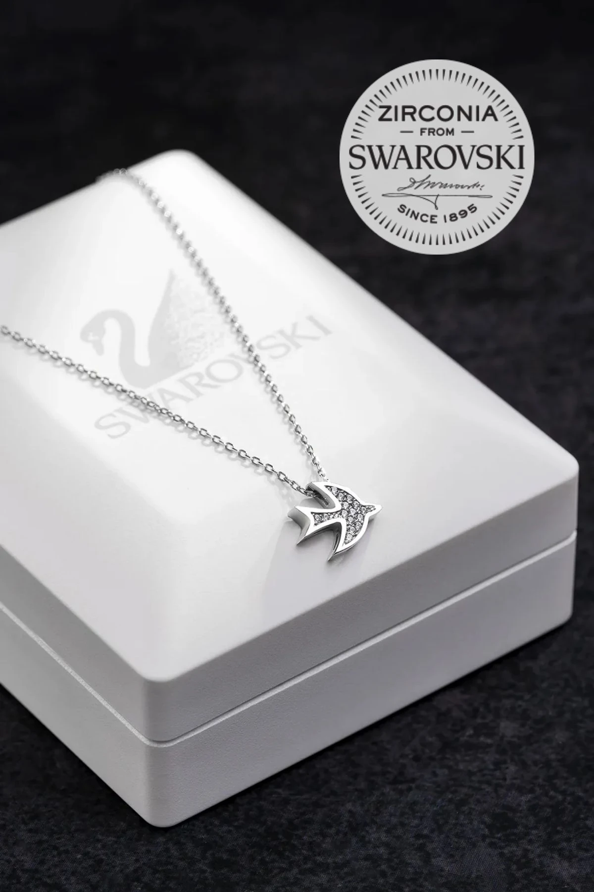 Kadın Gümüş Kolye - Swarovski Taşlı Zirconia Ay Motifli Kuş Kadın Kolye
