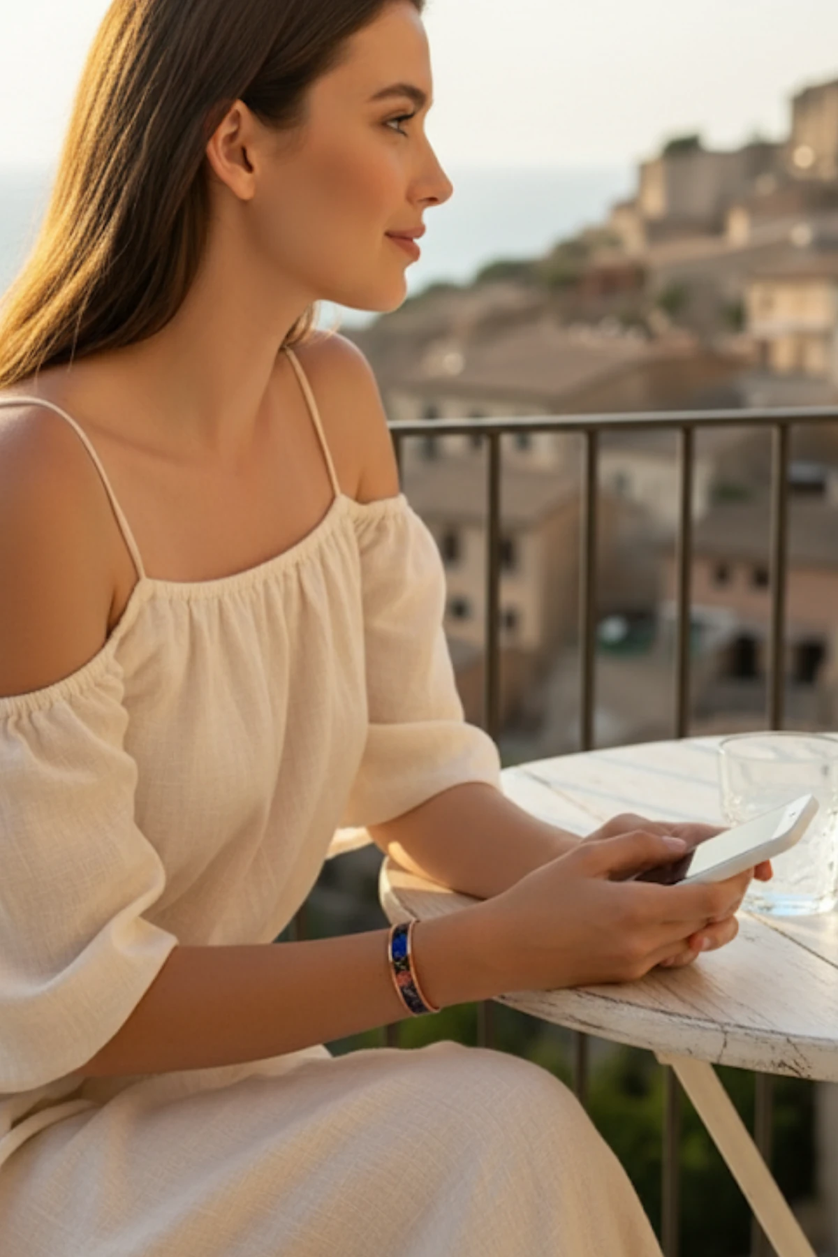 Kadın Bakır Bileklik Yüzük Set - Ocean Model Özel Baskı Metal Kutu Ve Kuvars Taşı