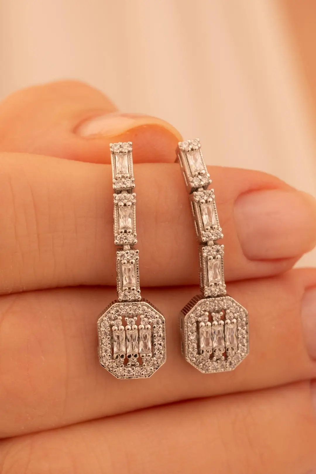 Women's Silver Earrings Merlin Baguette Stone-set Women's Earrings