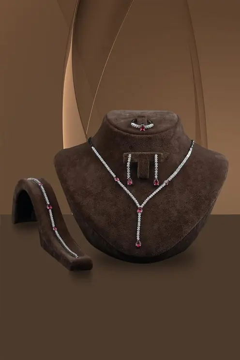 Leyan Women's Ruby Stone-set Silver Water Way Set Necklace, Bracelet, Earrings, Ring