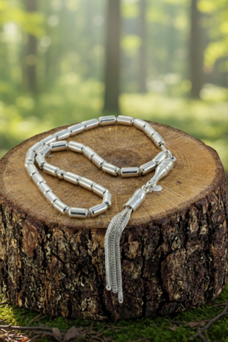 Erkek Gümüş Tespih - 925 Ayar Parlak Model Düz Kapsül Kesim Tesbih