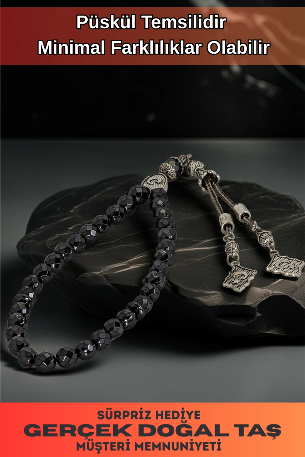 Erkek Doğal Taş Tespih - Doğal Faset Kesim Hematit Taşlı Ortaboy Tesbih