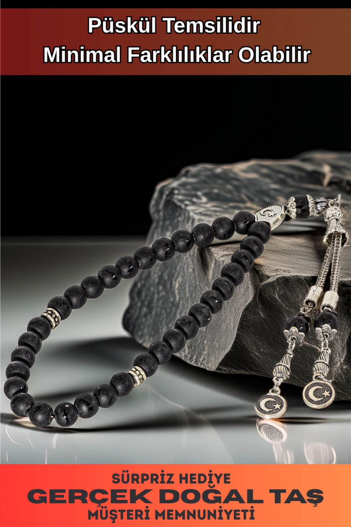 Erkek Doğal Taş Tespih - Doğal Zülfikar Kılıcı İşlemeli Siyah Oniks Taşlı Ortaboy Tesbih