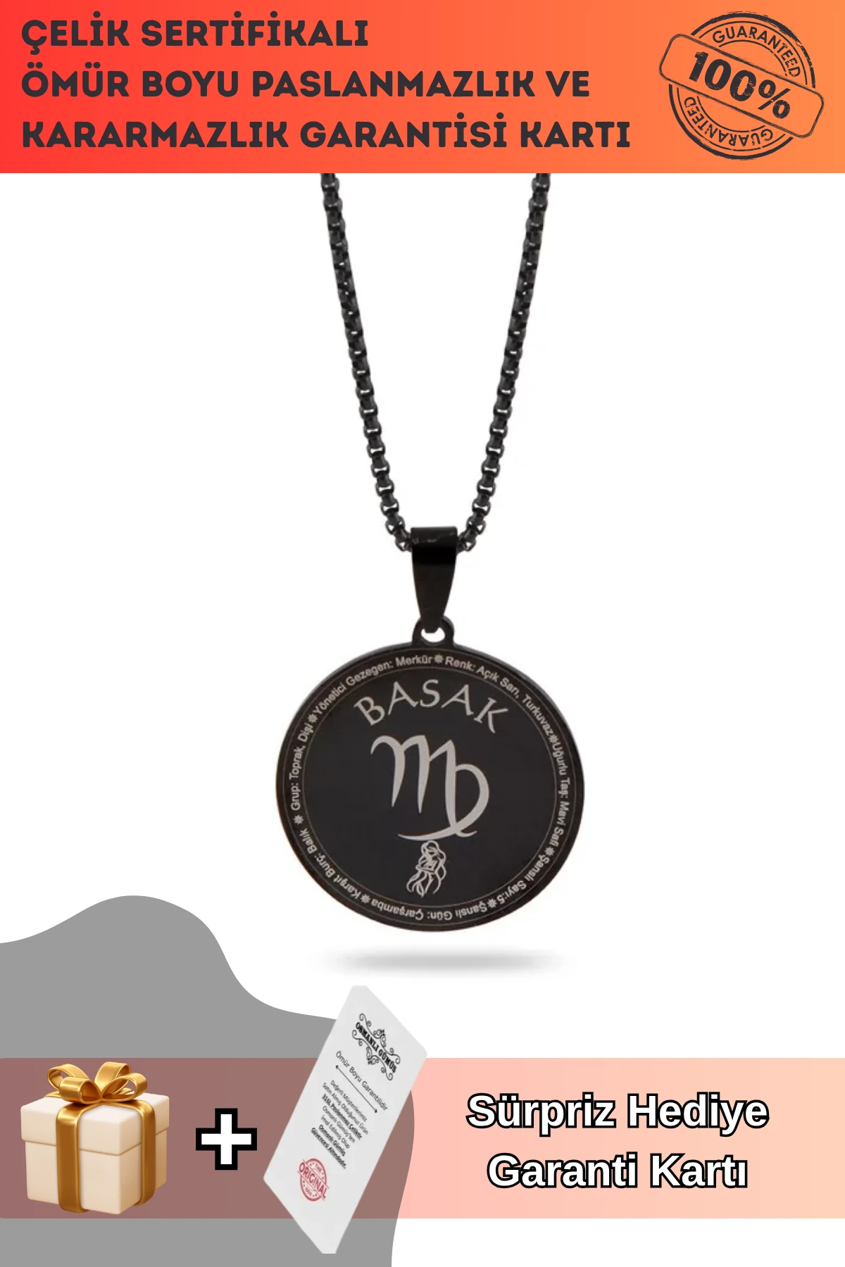 Başak Burcu Kolyesi Çelik Kolye Siyah Polo Zincir Cklbasakbr1-syh