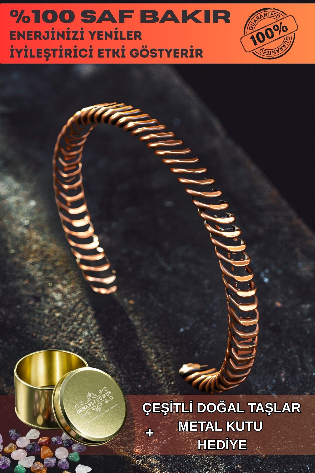 Saf Bakır Bileklik Burgu Örgü Sarım Model Metal Kutu Doğal Taşlar Kadın Erkek Bilezik