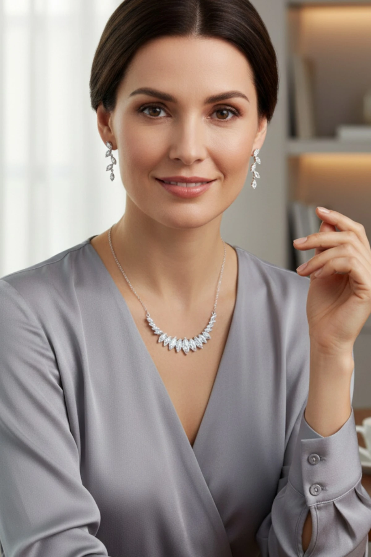 Kadın Bijuteri Kolye Küpe Set - Esmerelda Model Baget ve Zirkon Taşlı Zarif Su Yolu Set