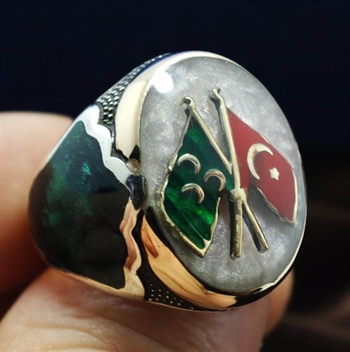Gümüş Erkek Yüzük Bayrak Ve Üç Hilal Motifli Mineli Lüks Model
