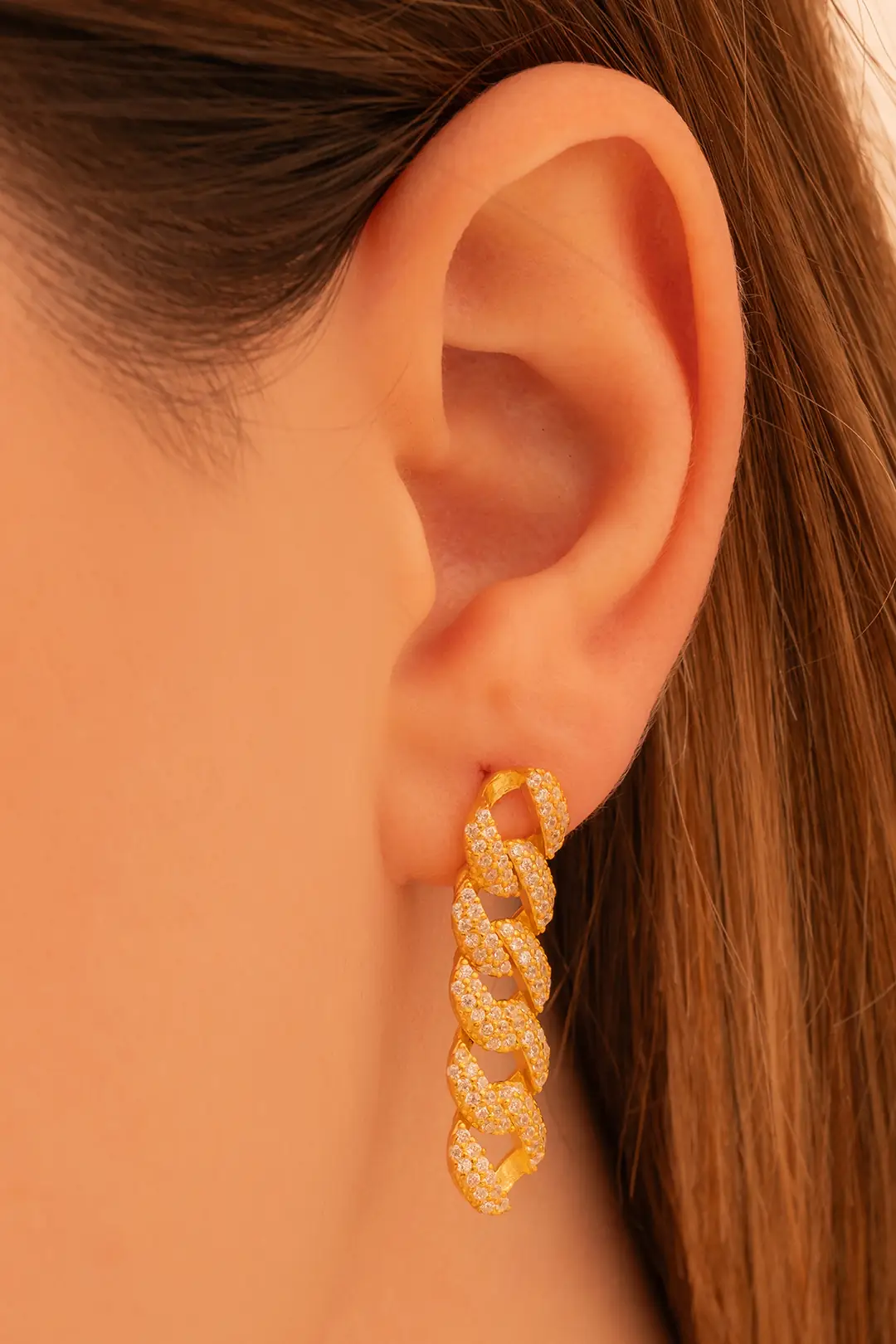 Women's Silver Earrings 22 K Gerçek Gold Plated Stone-set Gourmette Silver Earrings