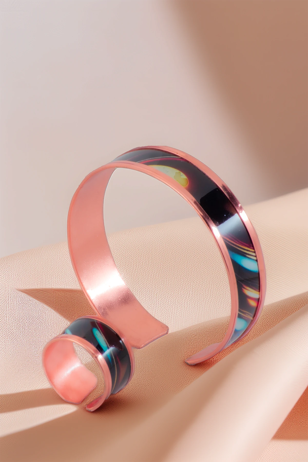 Kadın Bakır Bileklik Yüzük Set - Andrelina Model Özel Baskı Metal Kutu Ve Doğal Taşlar