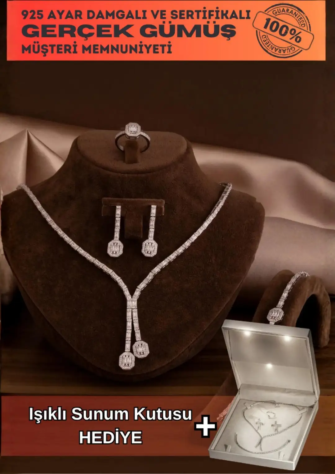 Women's Silver Jewelry Set Merlin Baguette Stone-set Necklace, Bracelet, Ring, Earrings Tam Set