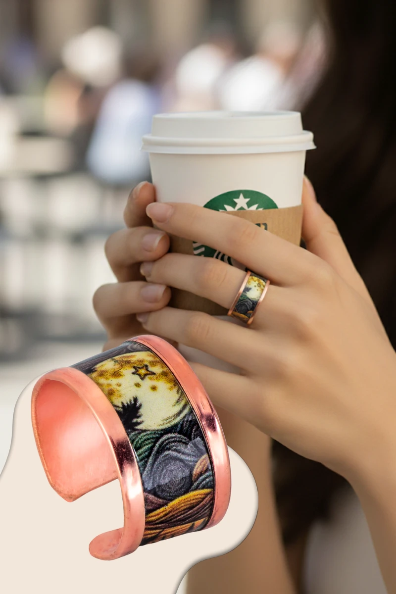 Kadın Bakır Yüzük - Space Model Özel Baskı Metal Kutu Ve Kuvars Taşı