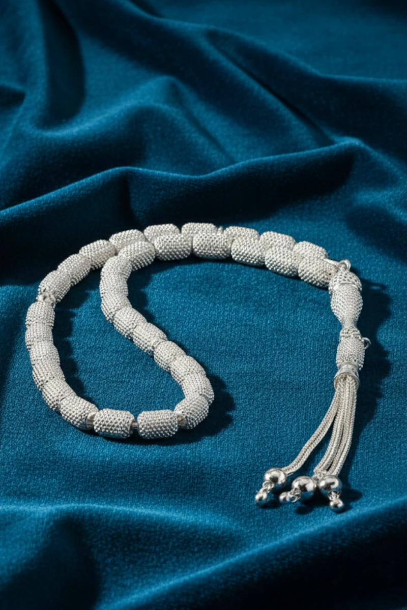 Erkek Gümüş Tespih - 925 Ayar Oksitli Model Delikli Kapsül Kesim Tesbih