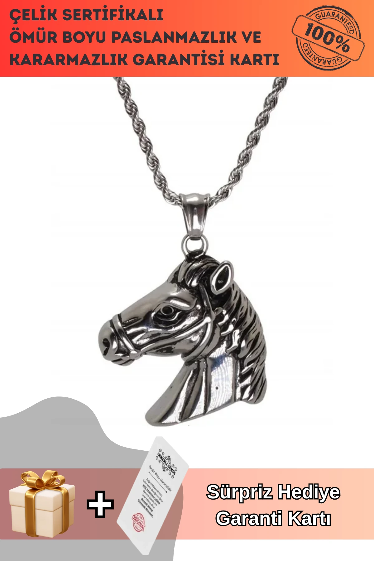 At Kafası Çelik Erkek Kolye Zincir Gümüş Renk