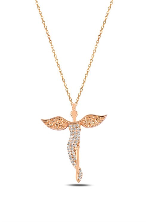 Zirkon Taşlı Rose Melek Model Kadın Gümüş Kolye GKLMLKM1DEL-ROS