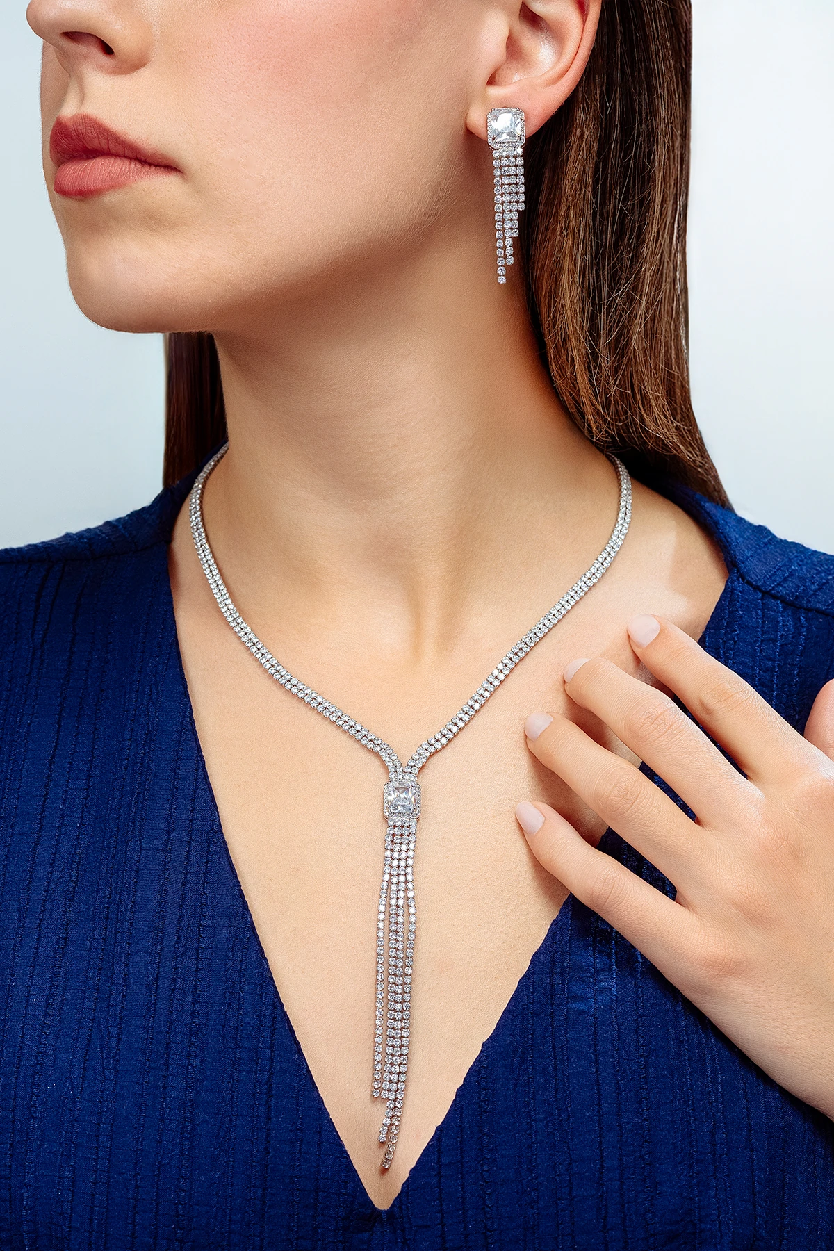 Kadın Bijuteri Kolye Küpe Set - Valeria Model Baget Ve Zirkon Taşlı Zarif Su Yolu Set