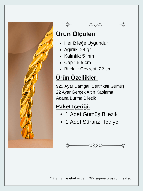 Kadın Gümüş Bileklik - Adana Burma 24 gr 22 Ayar Altın Kaplama (Kararmaz) Gümüş Bilezik