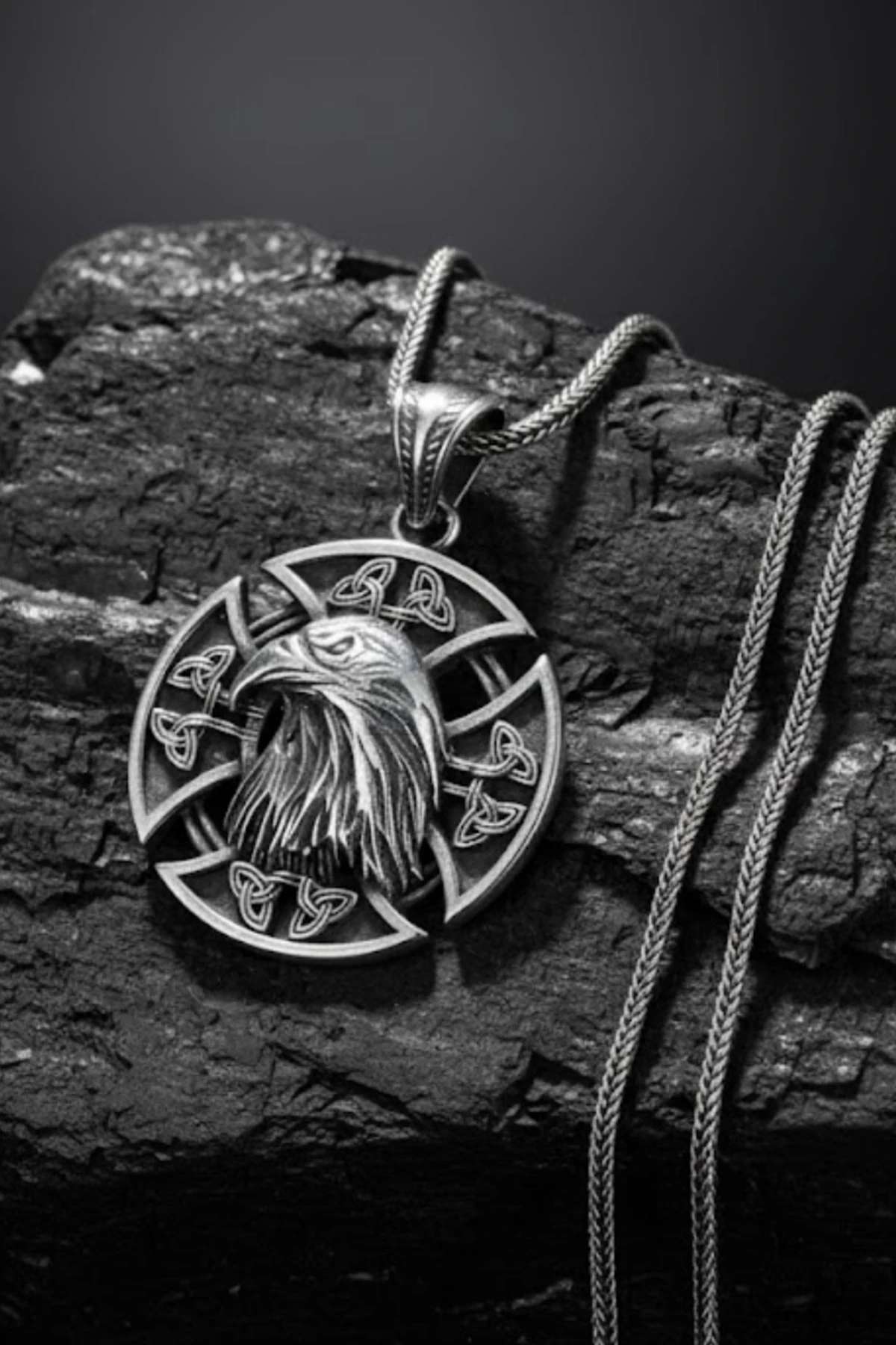 Erkek Gümüş Kolye - 925 Ayar Kabartmalı Kartal Kafası Motifli Tilki Kuyruğu Zincirli Erkek Kolye