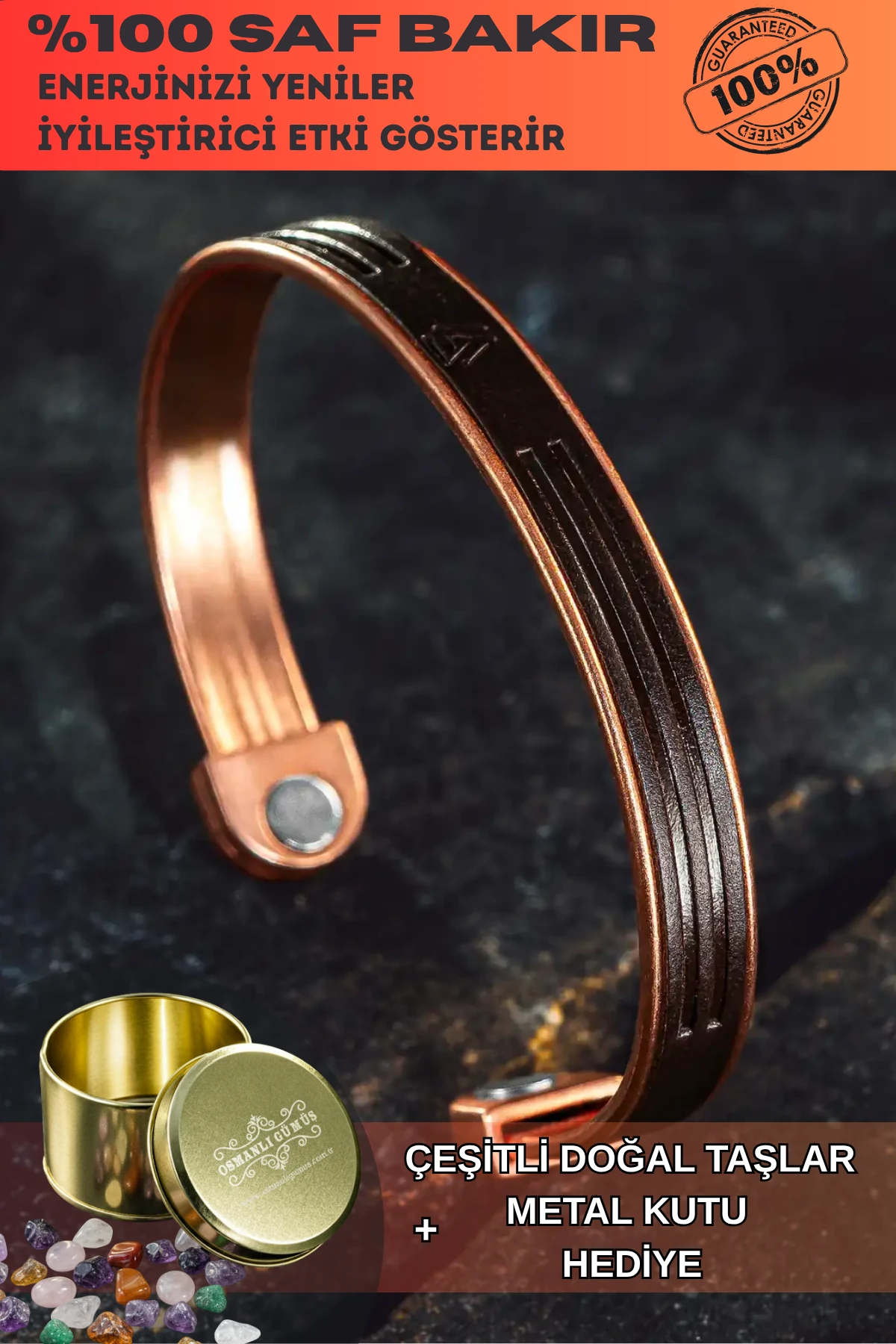 Erkek Kadın Bakır Bileklik - Hakiki Deri Viking İskandinav Mıknatıslı Metal Kutu Ve Doğal Taşlar