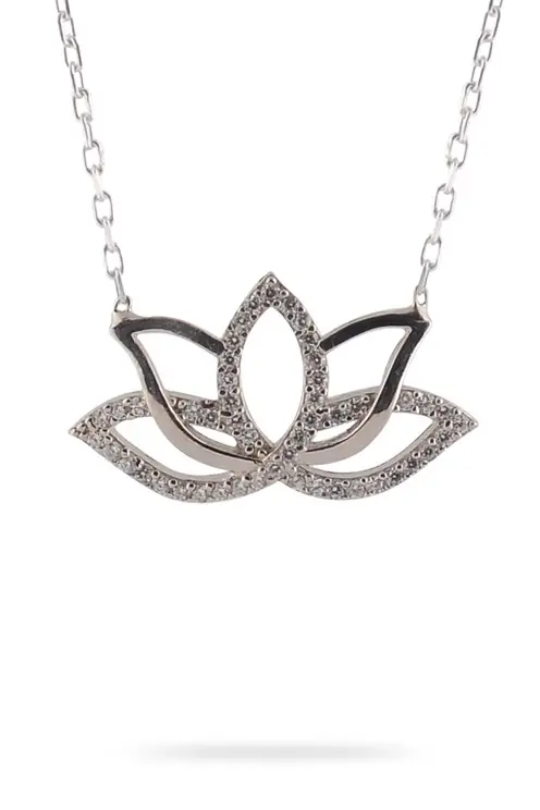 Lotus Flower White Zircon Stone-set Women's 925 K Silver Necklace GKLLOTUSKLY-GMS