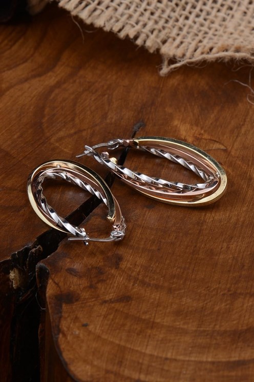 Ottoman Üç Renk Oval Kesim Model 925 Ayar Gümüş Kadın Küpesi - GKPOVALKESM-KRS