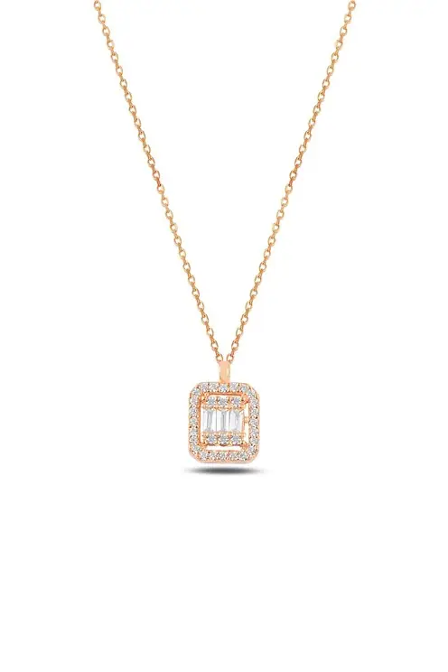 Square Baguette Stone-set 3 Women's Silver Necklace Chain GKLKRBGTM3D-ROS