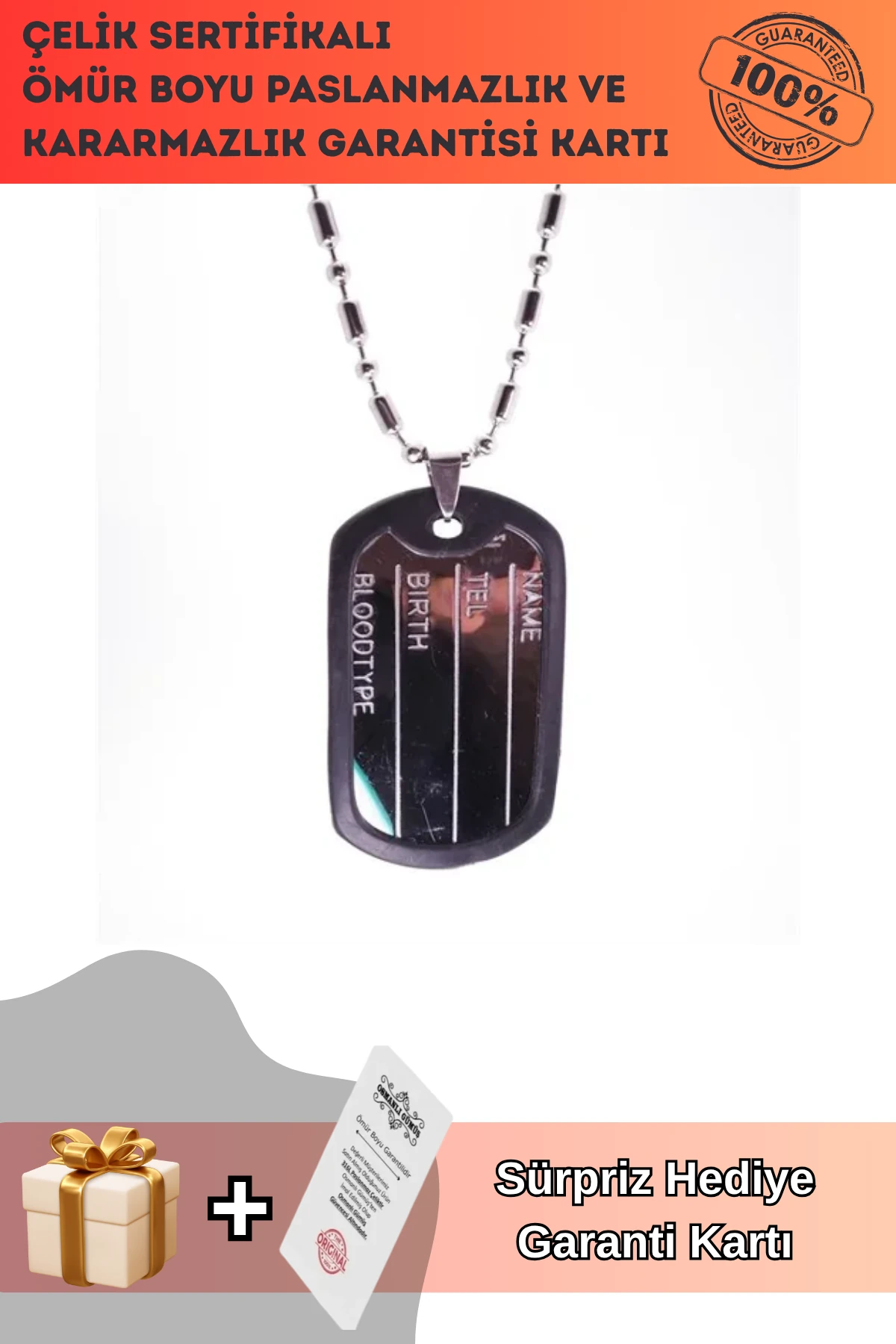 Asker Künyesi Kolyesi Paslanmaz Erkek Bayan Çelik Kolye Zincir