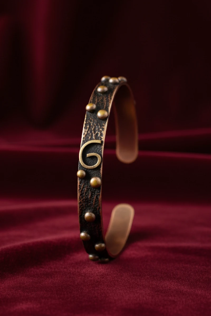 G Motif Model %100 Saf Bakır Erkek Kadın Bileklik – Metal Kutu ve Doğal Taşlar