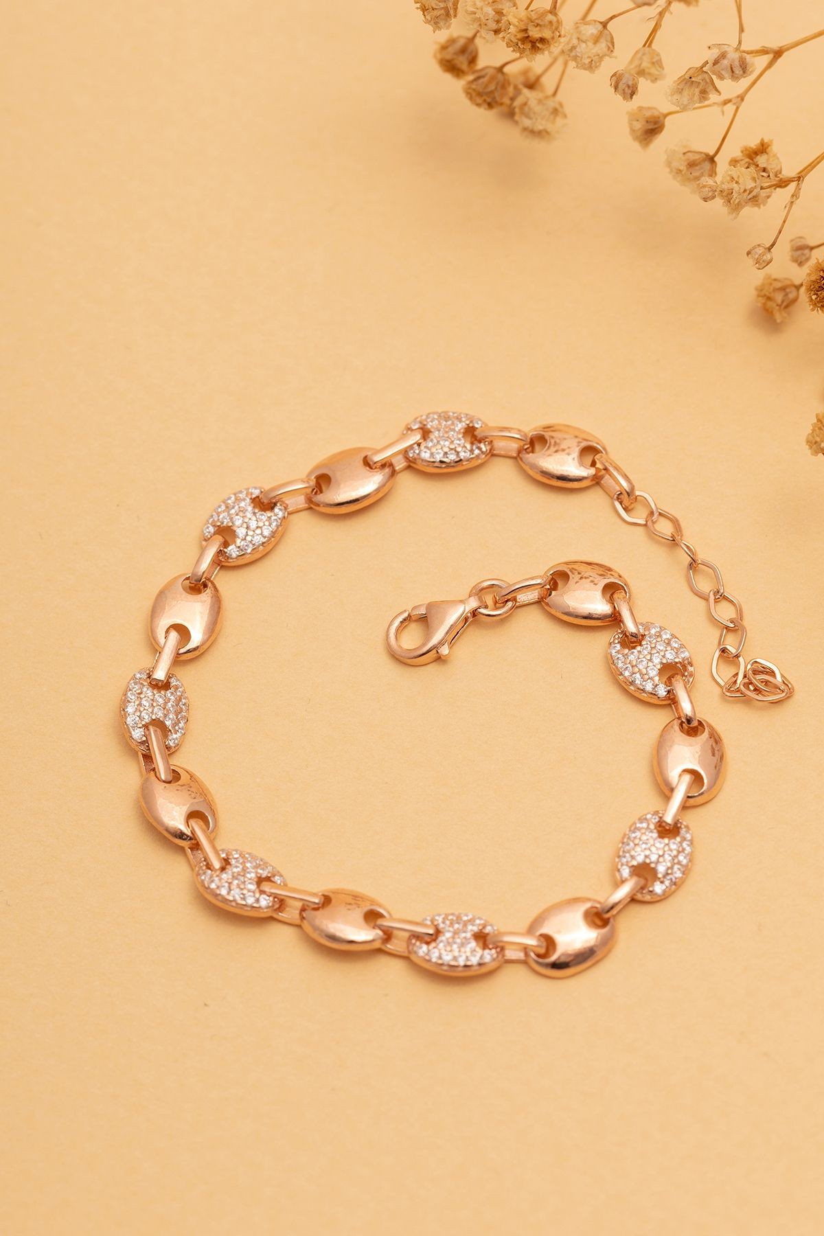 Kadın Gümüş Bileklik - Rose Altın Kaplama Zirkon Taşlı Gemici Model Gümüş Bileklik