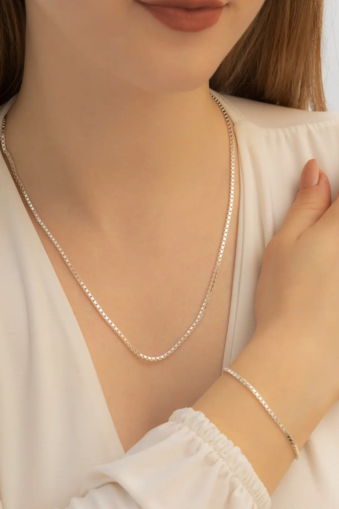 Women's Silver Necklace Bracelet Set 925 K Cube Chain Silver Set 2mm