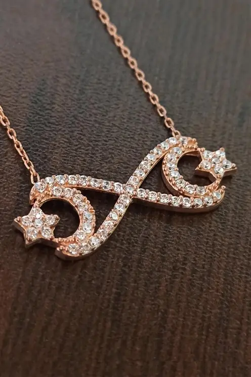 Women's Silver Necklace Rose Gold Plated Star and Crescent Themed Infinity Silver Necklace