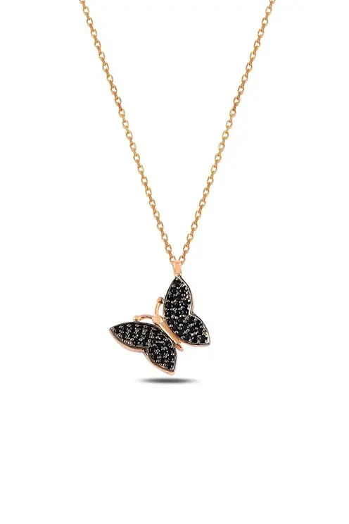 Women's Black Zircon Stone-set Rose Color Butterfly Silver Necklace Gklklbkrsm2-ros